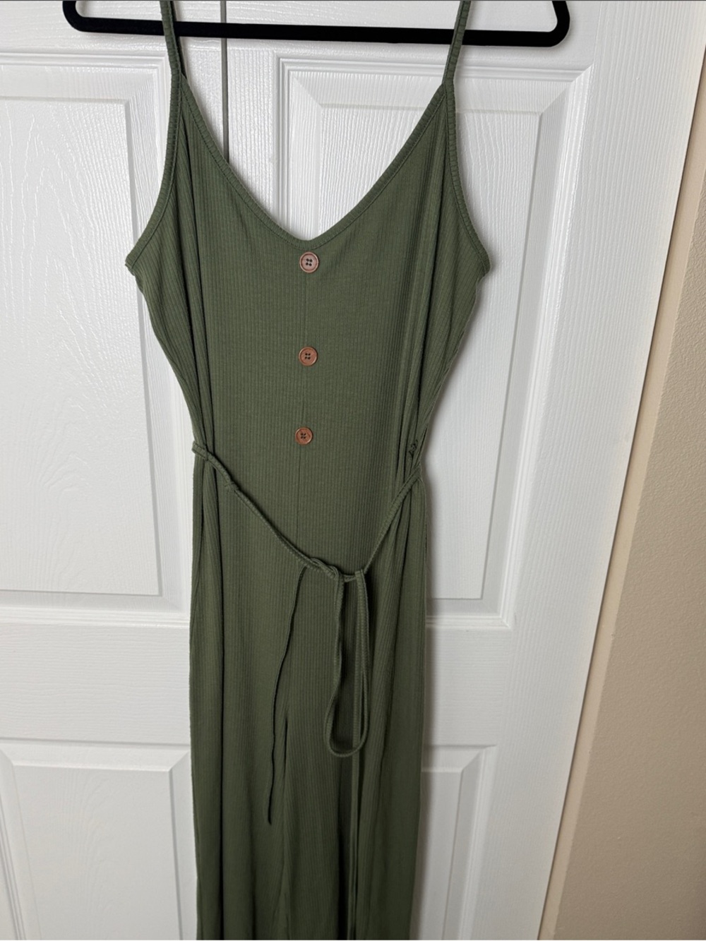 Olive Green Wide-Leg Jumpsuit with Button Front and Tie Waist
